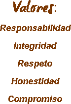  Valores:
Responsabilidad
Integridad
Respeto
Honestidad
Compromiso