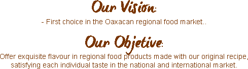  Our Vision:
- First choice in the Oaxacan regional food market.. Our Objetive:
Offer exquisite flavour in regional food products made with our original recipe, satisfying each individual taste in the national and international market.